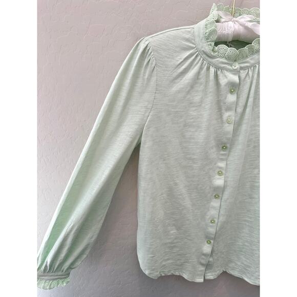 BODEN Petite Light Green Lace Trim Button Blouse Long Sleeve Cotton NWT | Size 6 - Picture 3 of 8